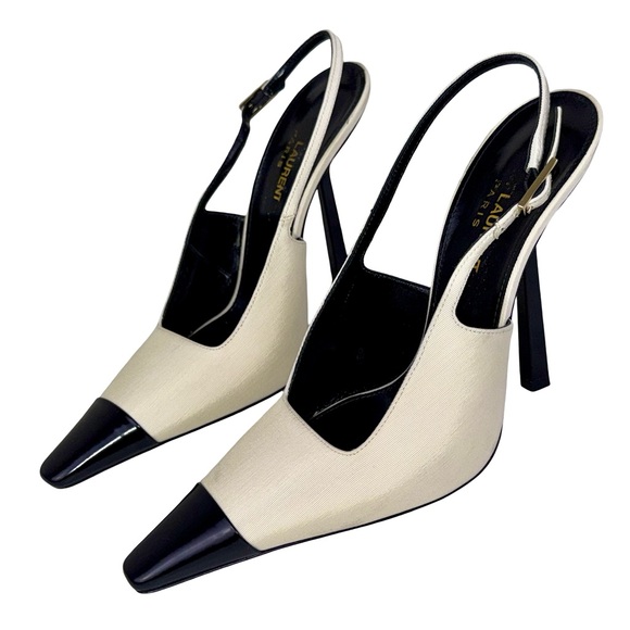 SAINT LAURENT INES SLINGBACK PUMPS IN WHITE SATIN AND BLACK LEATHER - Picture 3 of 7